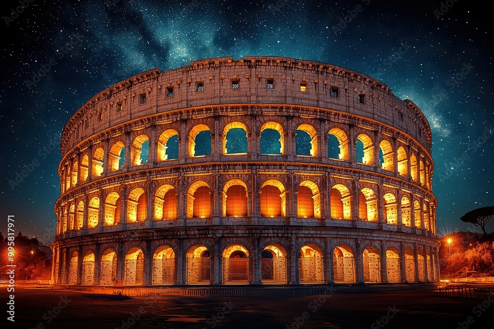 Naklejka premium ancient colosseum illuminated by warm spotlights against a velvety night sky filled with twinkling stars and a luminous full moon creating a hauntingly beautiful blend of history and celestial wonder