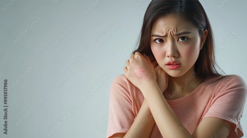 Concerned young Asian woman with a skin condition, looking worried while holding her arm. Concerned young Asian woman with a skin condition, looking worried while holding her arm.