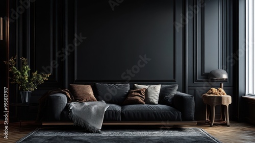 A cozy living room featuring a dark gray sofa adorned with soft cushions, accented by warm tones and elegant decor.