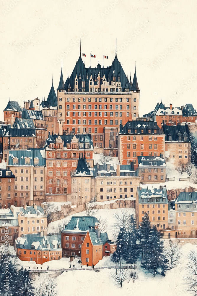 Obraz premium Quebec City, Canada, color pen pencil hand-drawn effect drawing illustration for travel poster, card, wallpaper, backdrop or banner. Modern, clear, artistic and simple