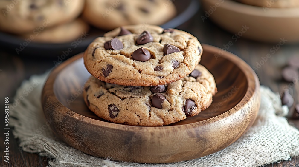 Delicious chocolate chip cookies are beautifully arranged on a rustic wooden plate, their golden-brown edges contrasting with the rich, dark chocolate chips peeking through the soft, chewy centers. Delicious chocolate chip cookies are beautifully arranged on a rustic wooden plate, their golden-brown edges contrasting with the rich, dark chocolate chips peeking through the soft, chewy centers.