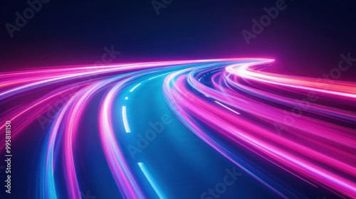 Dynamic neon light trails on a dark background create a vibrant and futuristic atmosphere.