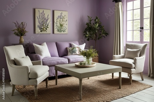 Tranquil Cottage Interior with Classic Square Coffee Table Neutral Linen Chair Lavender Walls and Botanical Decor