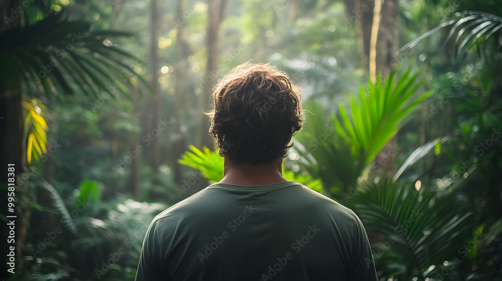 Man wearing a green shirt, standing in a lush forest, symbolizing growth and sustainability, close up, harmony theme, vibrant, Overlay, in front of tall trees Man wearing a green shirt, standing in a lush forest, symbolizing growth and sustainability, close up, harmony theme, vibrant, Overlay, in front of tall trees