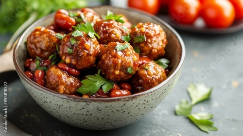 bowl in Chinese style. meatballs with beans, herbs, cherry tomatoes and sauce in a bow