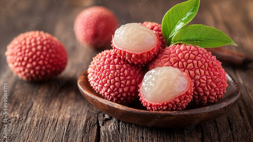 Fresh lychee fruits are beautifully arranged on a rustic wooden background, showcasing their unique, bumpy red skin and green leaves. Fresh lychee fruits are beautifully arranged on a rustic wooden background, showcasing their unique, bumpy red skin and green leaves.
