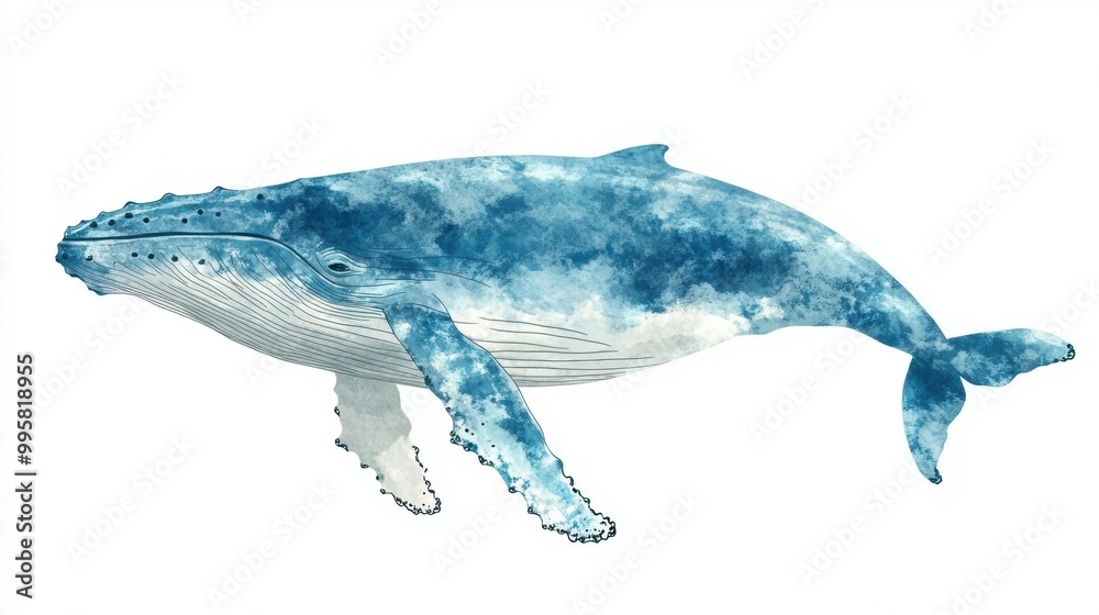 Obraz premium A humpback whale is depicted swimming elegantly through the ocean, revealing its stunning blue and white coloration and details