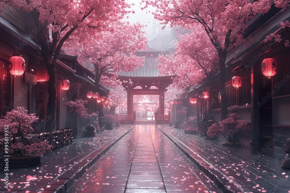 Obraz premium ancient japanese pagoda amidst misty cherry blossom grove soft pink petals falling traditional bridge koi pond serene spring atmosphere