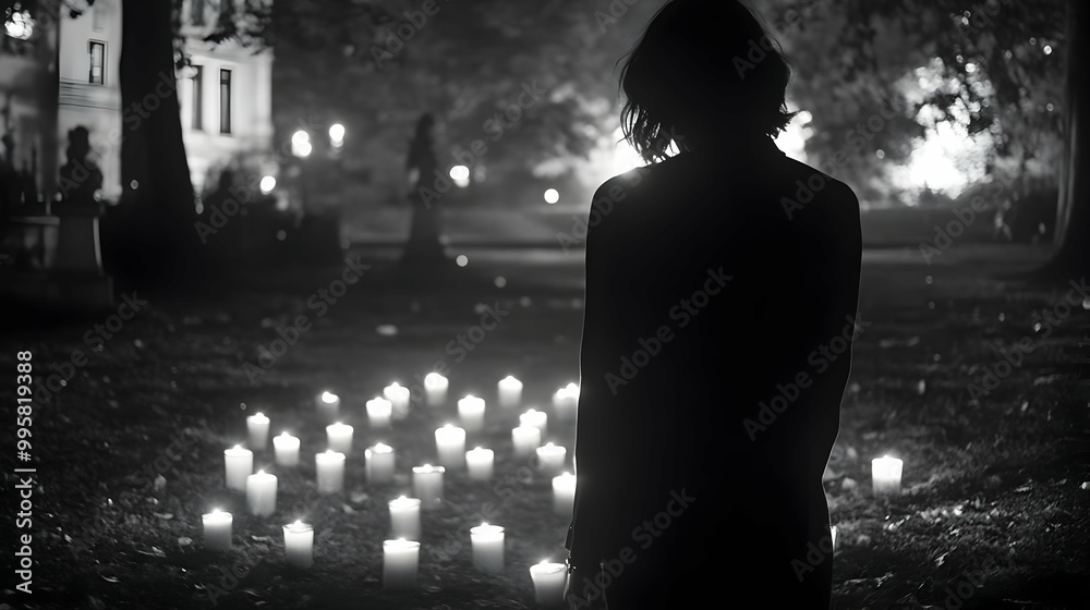 A Solitary Figure Stands in the Darkness, Surrounded by a Trail of Glowing Candles, Creating a Haunting and Ethereal Atmosphere in the Night A Solitary Figure Stands in the Darkness, Surrounded by a Trail of Glowing Candles, Creating a Haunting and Ethereal Atmosphere in the Night