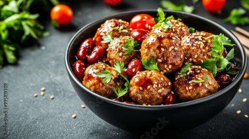 bowl in Chinese style. meatballs with beans, herbs, cherry tomatoes and sauce in a bow