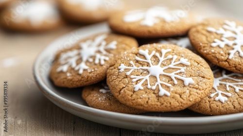 Festive gingerbread cookies adorned with snowflake designs are arranged on a plate, perfect for winter holiday celebrations