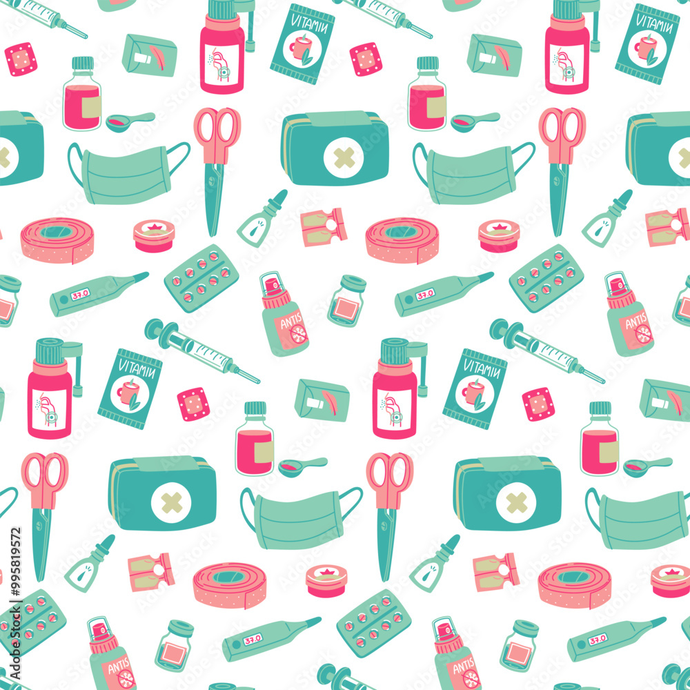 pattern of flat cold remedies on white. Medicines for emergency care in case of illness from the first aid kit. Tablets, ampoules, syringe, powder, thermometer, antiseptic, first aid products pattern of flat cold remedies on white. Medicines for emergency care in case of illness from the first aid kit. Tablets, ampoules, syringe, powder, thermometer, antiseptic, first aid products