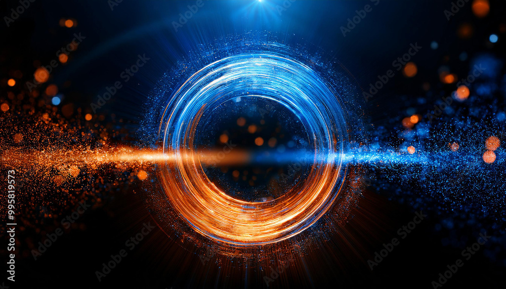 Fototapeta premium Glowing orange and blue light circles intersect, sparkling particles. Abstract magical design.