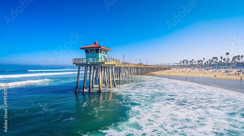 The Huntington Beach Pier, known as Surf City USA, stretches elegantly into the vibrant blue waters of the Pacific Ocean, offering a picturesque scene filled with sun and surf.