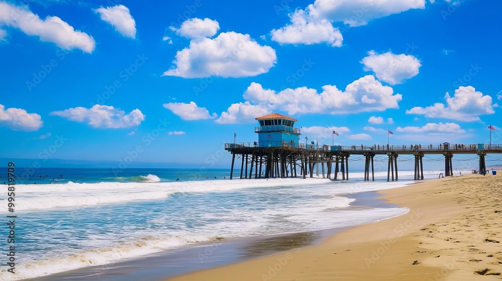 The Huntington Beach Pier, known as Surf City USA, stretches elegantly into the vibrant blue waters of the Pacific Ocean, offering a picturesque scene filled with sun and surf. The Huntington Beach Pier, known as Surf City USA, stretches elegantly into the vibrant blue waters of the Pacific Ocean, offering a picturesque scene filled with sun and surf.