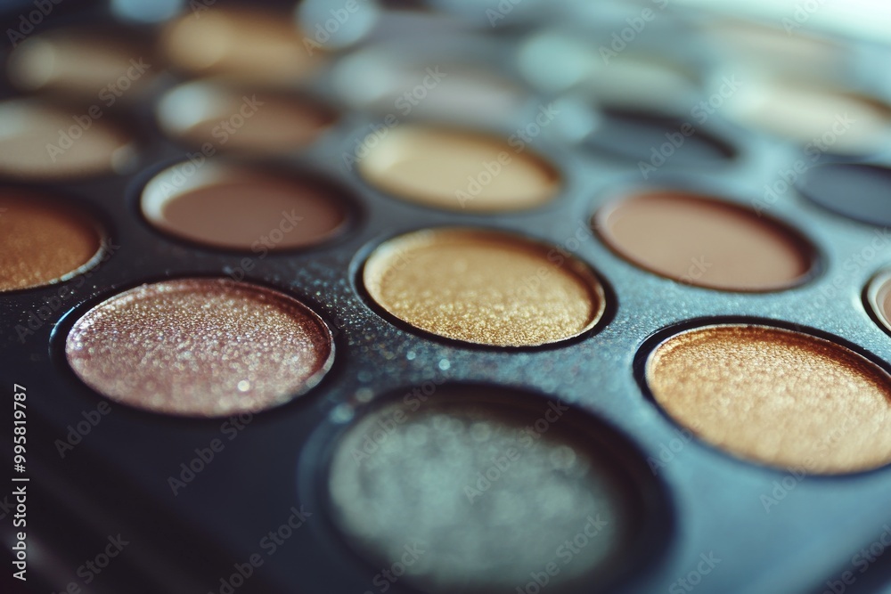 Neutral and gold toned eyeshadow palette with shimmer finishes featuring circular pans arranged in rows perfect for creating elegant and versatile beauty looks Neutral and gold toned eyeshadow palette with shimmer finishes featuring circular pans arranged in rows perfect for creating elegant and versatile beauty looks