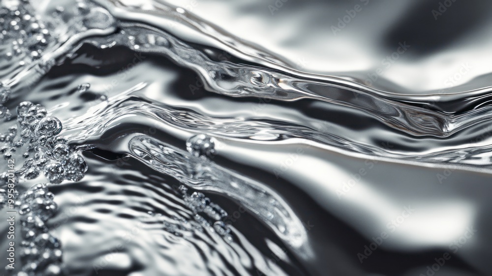 Close-up of shimmering water under light, showcasing fluid dynamics and bubbles in a silvery tone. Close-up of shimmering water under light, showcasing fluid dynamics and bubbles in a silvery tone.