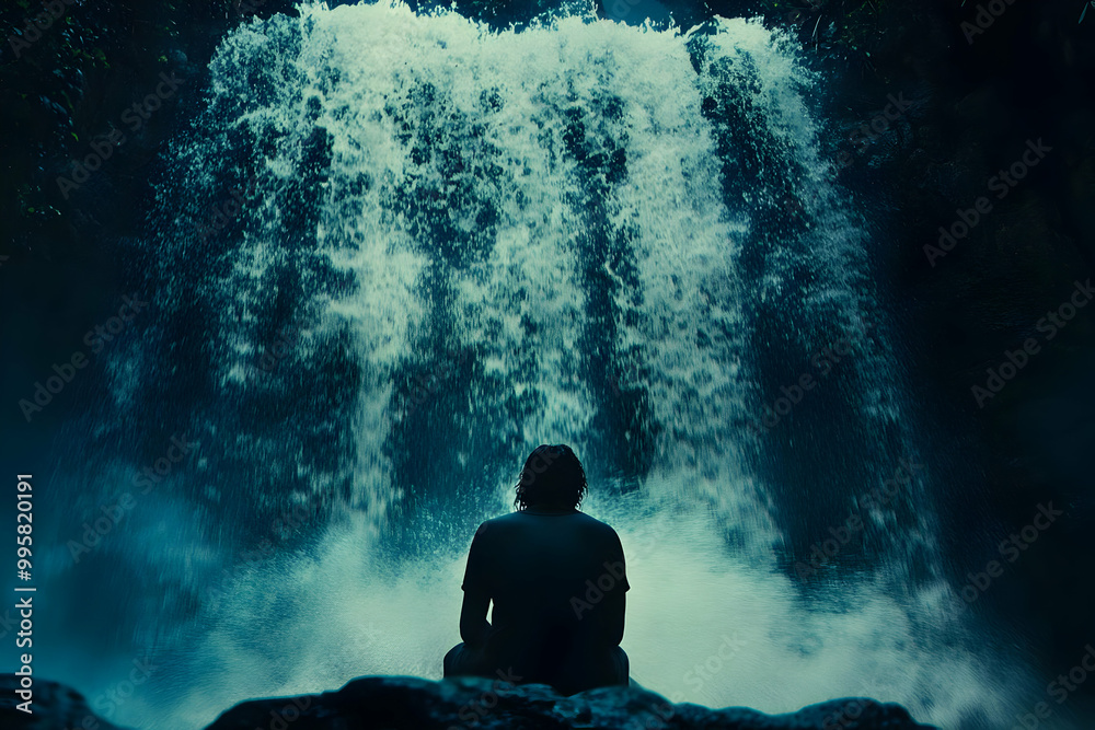 Silhouetted Figure Contemplating the Majestic Waterfall, A Serene Landscape Photograph Silhouetted Figure Contemplating the Majestic Waterfall, A Serene Landscape Photograph