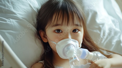 A young Asian girl in a hospital bed using a nebulizer, looking calmly at the camera with big, expressive eyes.