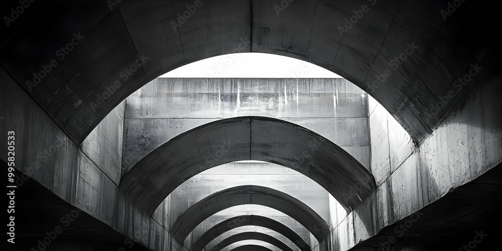 Fototapeta premium Abstract Black and White Photograph of Concrete Arches Leading to Light
