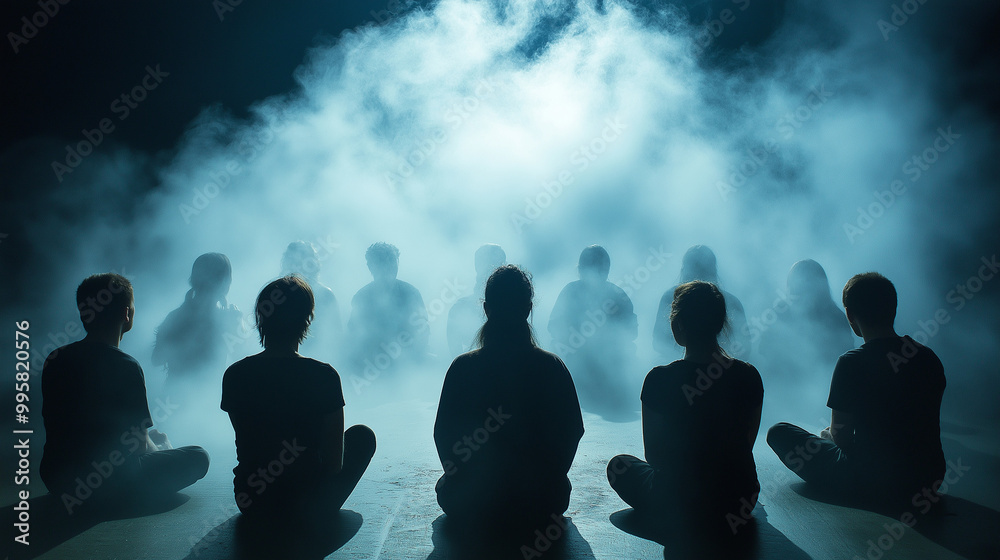 A group of silhouetted figures seated in a semi-circular arrangement, with a dense fog enveloping the scene. The figures appear to be facing forward, with their backs to the viewer A group of silhouetted figures seated in a semi-circular arrangement, with a dense fog enveloping the scene. The figures appear to be facing forward, with their backs to the viewer