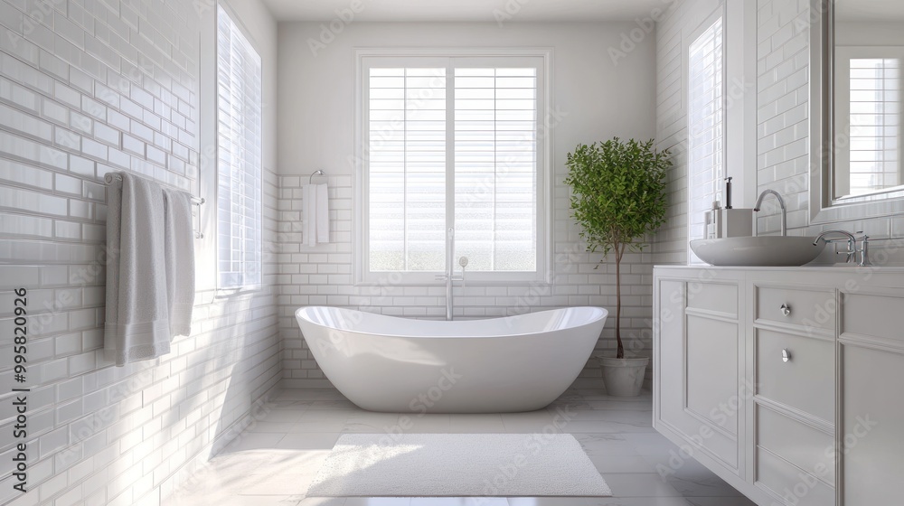 A serene modern bathroom featuring a sleek bathtub, bright natural light, and minimalist decor. A serene modern bathroom featuring a sleek bathtub, bright natural light, and minimalist decor.