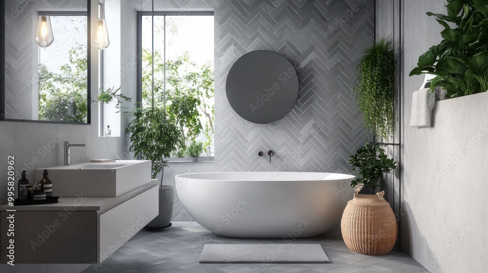 Fototapeta premium A serene modern bathroom featuring a freestanding tub, greenery, and stylish decor, creating a relaxing ambiance.