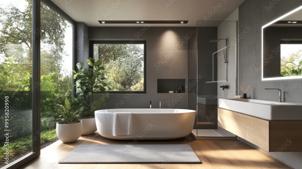 Fototapeta premium Modern bathroom featuring a sleek freestanding bathtub and large windows with a view of greenery.