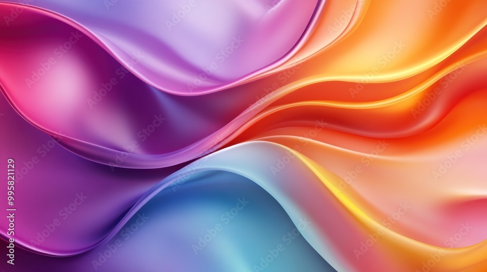 Fototapeta premium A vibrant wave of silk fabric, blending shades of purple, orange, and blue, creating a soft, dynamic flow.