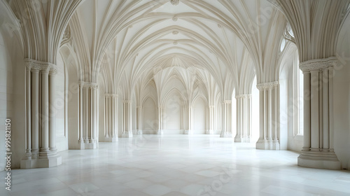 A long hallway with vaulted ceilings and white columns, creating a sense of grandeur and tranquility.