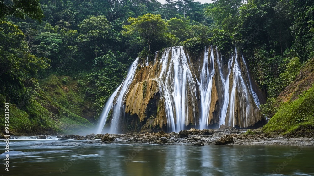Naklejka premium Sri Gethuk Waterfall cascades gracefully down the rocky cliffs at Oyo River, located in Menggoran Village, Yogyakarta Province, Central Java, Indonesia.