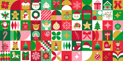 A colorful Christmas scene with many different shapes and sizes of Christmas decorations. The image is a collage of various Christmas symbols and characters, including Santa Claus, elves, and reindeer
