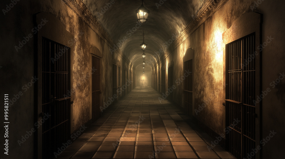 A dimly lit, atmospheric corridor. The walls are adorned with a worn-out texture, and the floor is tiled. There are multiple open doors on either side of the corridor, leading to rooms A dimly lit, atmospheric corridor. The walls are adorned with a worn-out texture, and the floor is tiled. There are multiple open doors on either side of the corridor, leading to rooms