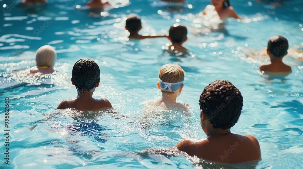 Group of joyful children playing in a swimming pool with a caring adult under the warm sunlight, enjoying a fun and happy summer day Group of joyful children playing in a swimming pool with a caring adult under the warm sunlight, enjoying a fun and happy summer day