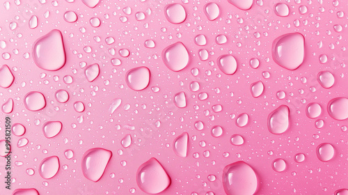 A myriad of water droplets of varying sizes, predominantly in a clear and shiny state, set against a pink background. The droplets are spread out, with some larger ones occupying more space and others