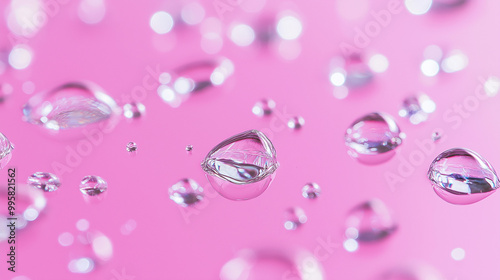 A myriad of water droplets of varying sizes, predominantly in a clear and shiny state, set against a pink background. The droplets are spread out, with some larger ones occupying more space and others