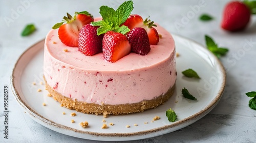 A delectable strawberry cheesecake is beautifully presented, topped with plump, juicy strawberries and vibrant fresh mint leaves.