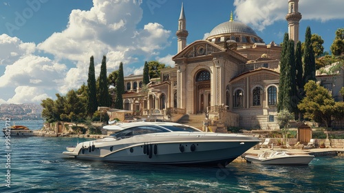 Luxurious yacht alongside a grand historical building by the water on a sunny day. photo