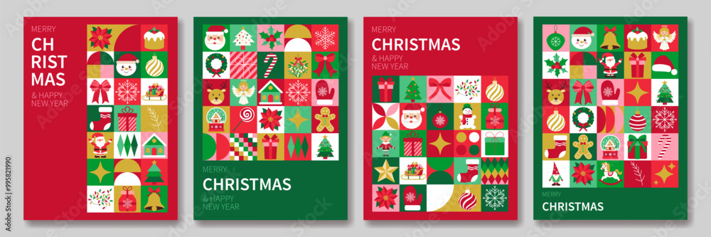 Fototapeta premium Four Christmas cards with a variety of Christmas symbols. The cards are colorful and feature a festive mood