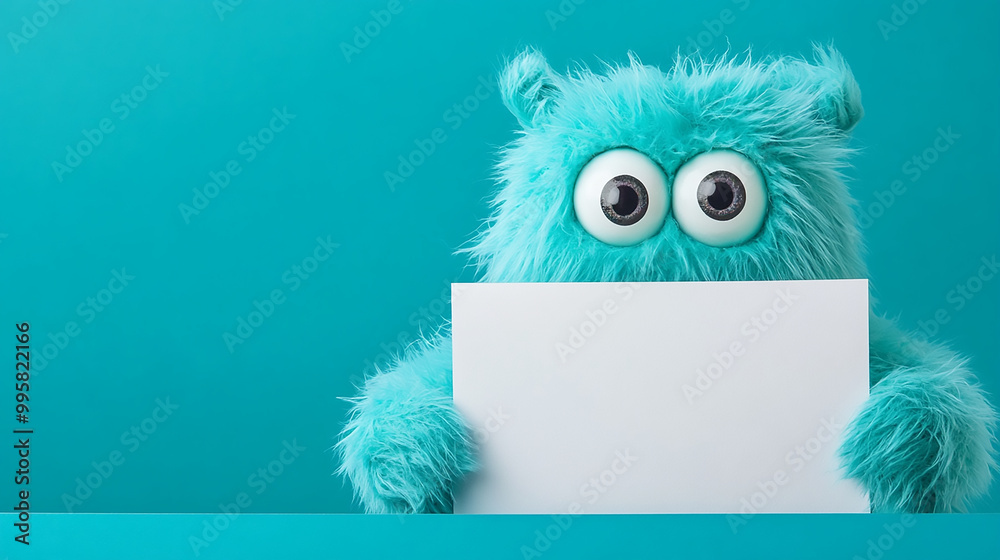 Fototapeta premium a furry monster holding a white blank sign on blue background