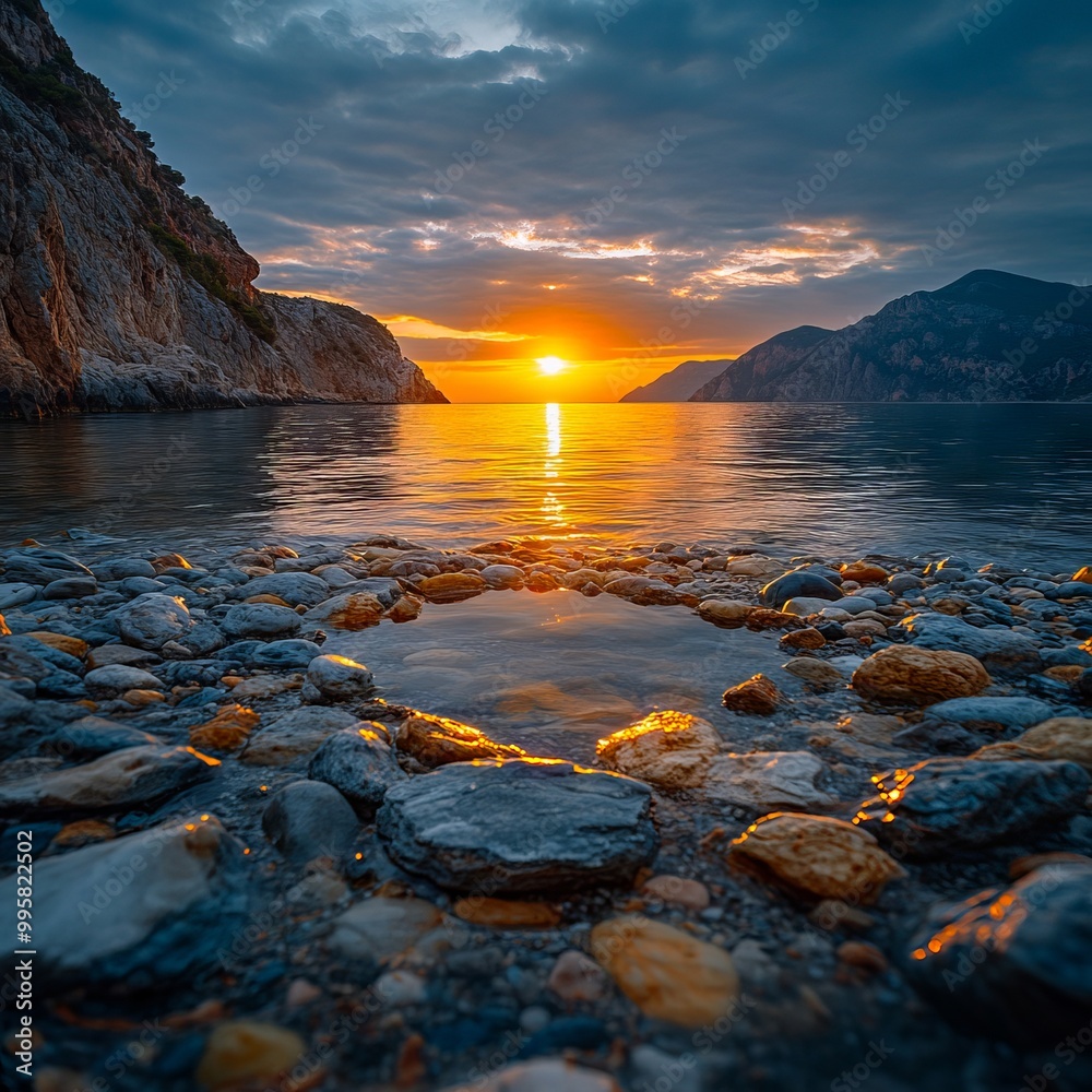 A rocky beach with a sunset in the background A rocky beach with a sunset in the background