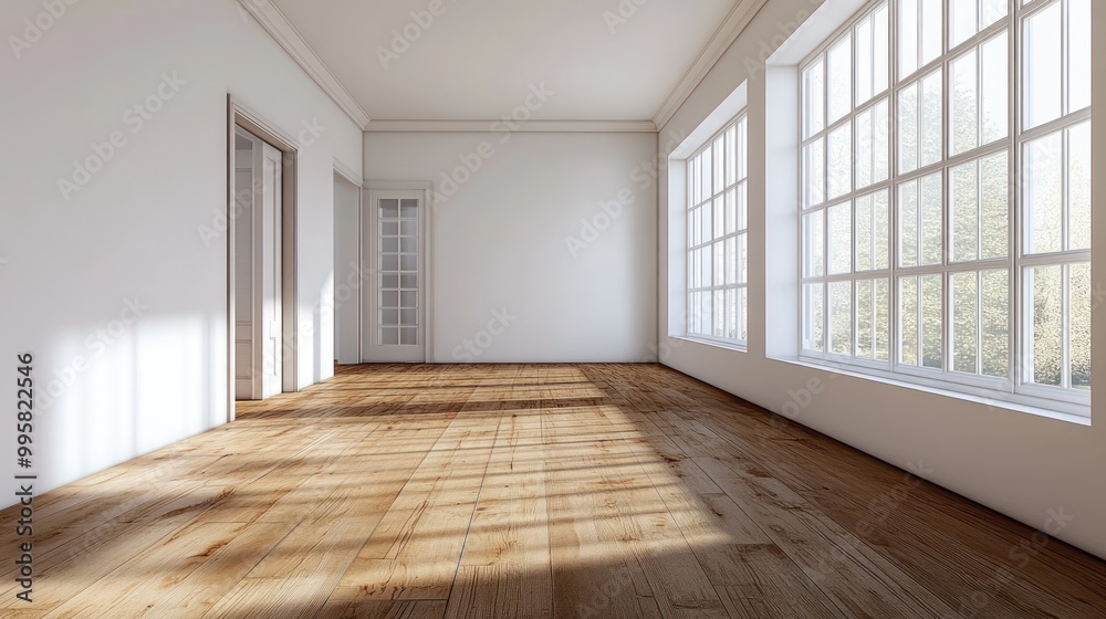 Obraz premium Bright, empty room with wooden flooring and large windows creating a warm, inviting atmosphere.