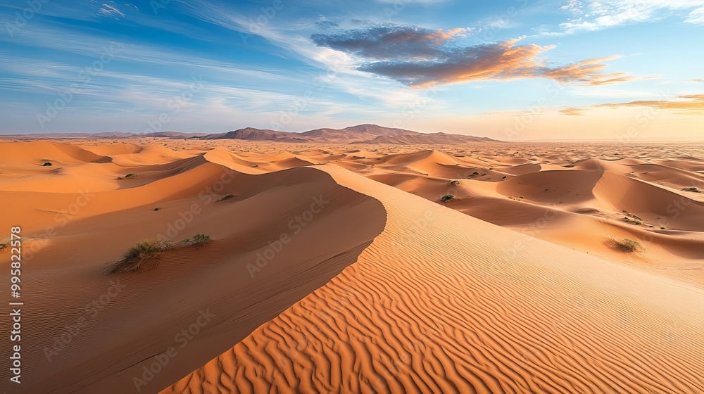 Naklejka premium A breathtaking view of the Sahara Desert's vast sand dunes unfolds in the village of Merzouga, Morocco.