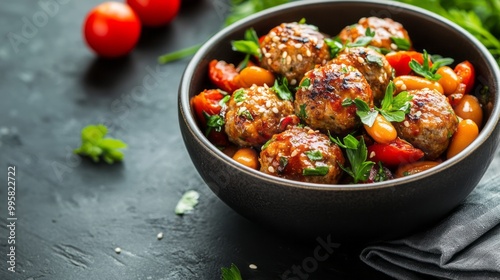 bowl in Chinese style. meatballs with beans, herbs, cherry tomatoes and sauce in a bow