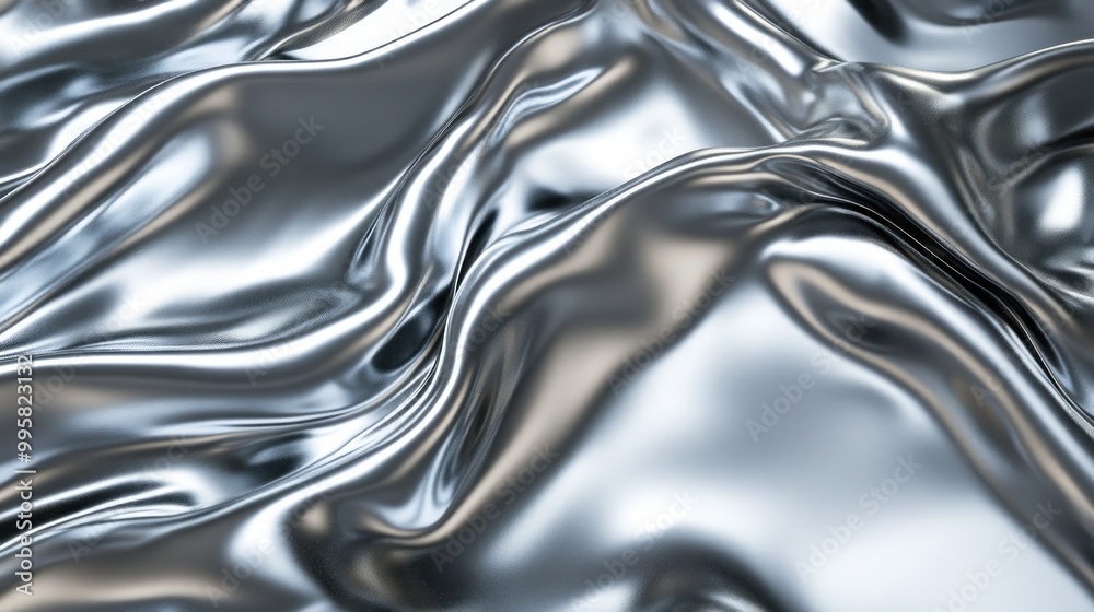 Close-up of shiny, flowing silver fabric showcasing fluid patterns and reflections. Close-up of shiny, flowing silver fabric showcasing fluid patterns and reflections.