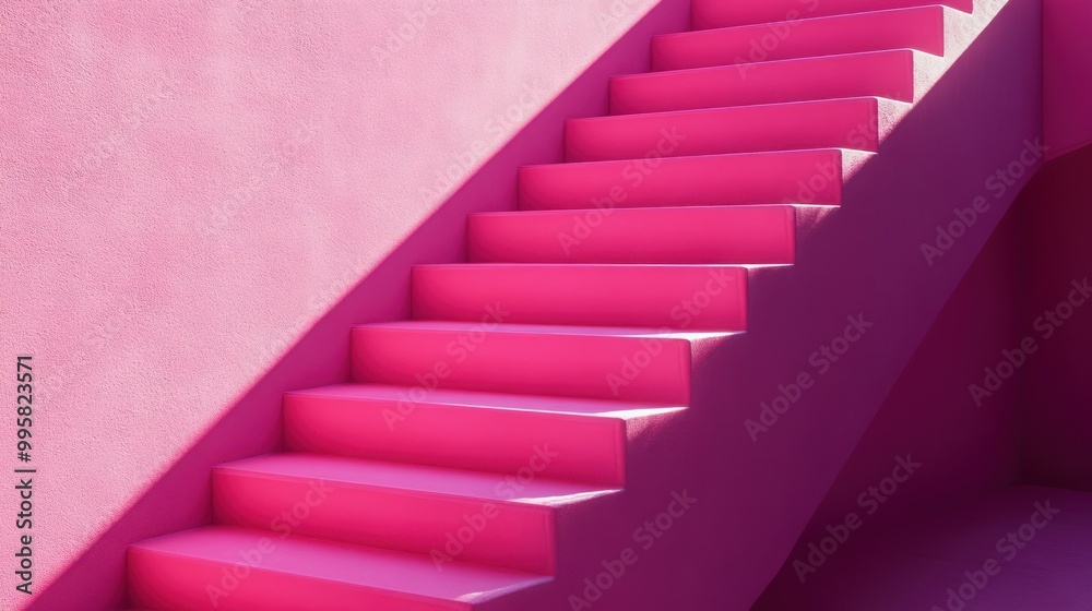 Naklejka premium Vibrant pink staircase with smooth, bold steps creating a lively and modern atmosphere.