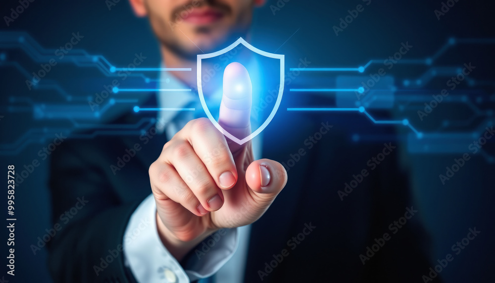 Businessman with shield in his hand on blue background cyber security concept. Secure system protection, access lock, technology privacy, information safety, data network solution. Businessman with shield in his hand on blue background cyber security concept. Secure system protection, access lock, technology privacy, information safety, data network solution.
