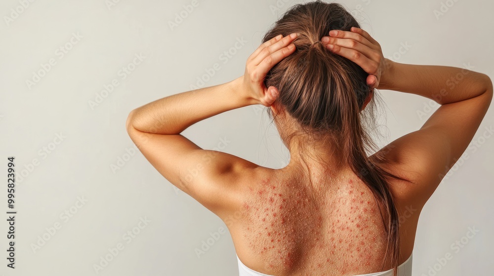 A young woman of Asian descent experiences skin irritation on her back, highlighting the impact of skin conditions on her confidence. A young woman of Asian descent experiences skin irritation on her back, highlighting the impact of skin conditions on her confidence.