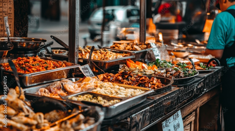 Vibrant street food markets with diverse offerings. Street food for tourists stalls offering diverse Vibrant street food markets with diverse offerings. Street food for tourists stalls offering diverse