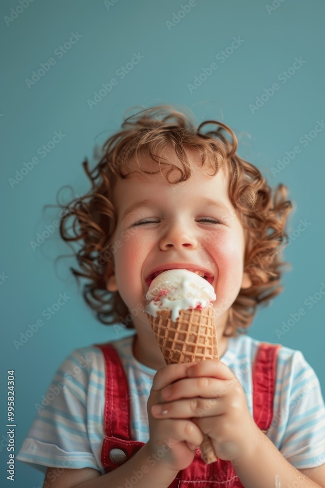 Joyful Child Eating Ice Cream Cone Against Colorful Background Joyful Child Eating Ice Cream Cone Against Colorful Background